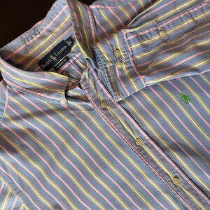 Ralph Lauren Dress Shirt Men's 16 1/2, 34/35 Blue Yellow Stripe Classic Fit